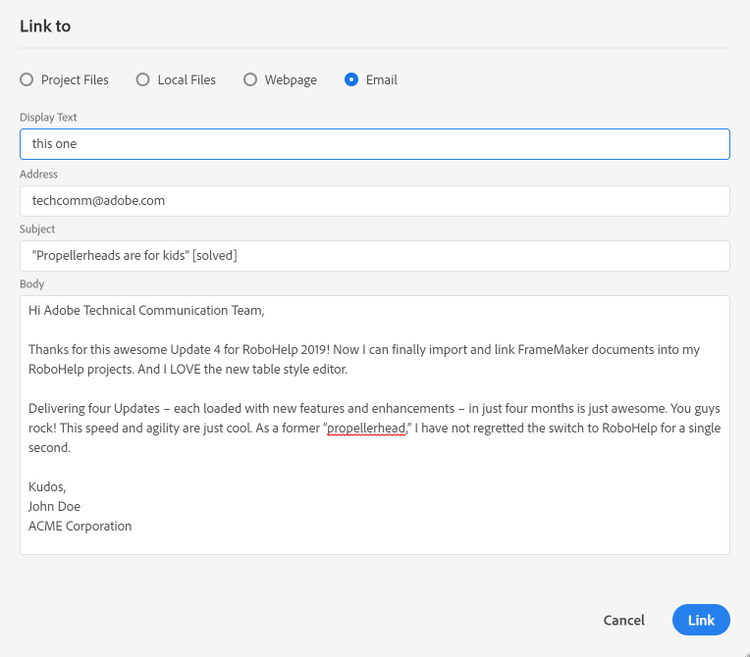 Screenshot of Adobe Robohelp (2019 release) – Update 4 – Email link Editor