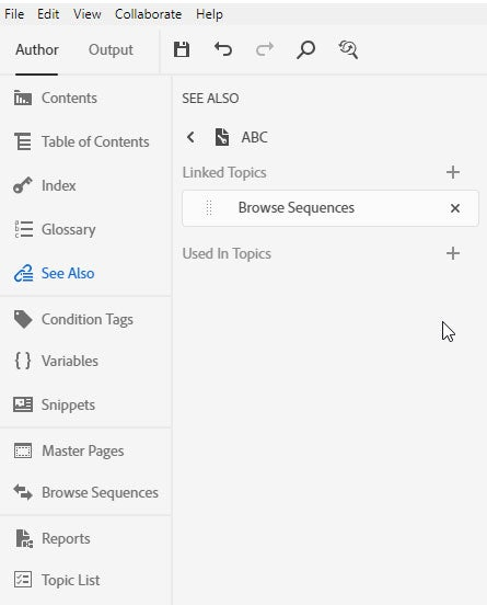 Screenshot of Adobe RoboHelp (2019 release) – Update 4 – Insert Related Topics – Author Panel