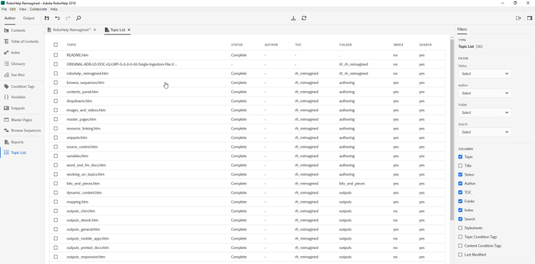 Screenshot of Adobe RoboHelp (2019 release) – Update 4 – Topic List