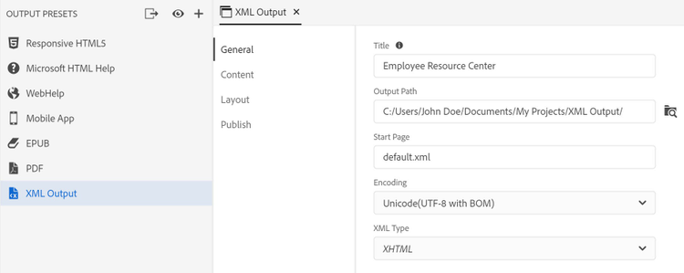 Screenshot of Adobe Robohelp (2019 release) – Update 4 – XML Output