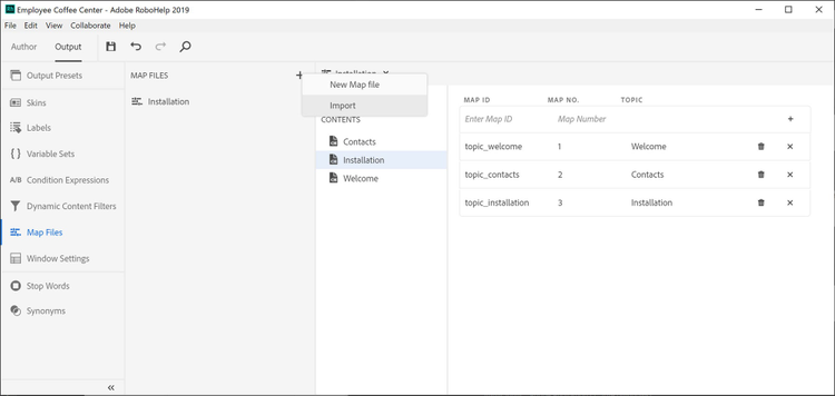 Screenshot of Adobe Robohelp (2019 release) – Update 4 – Map Files Editor