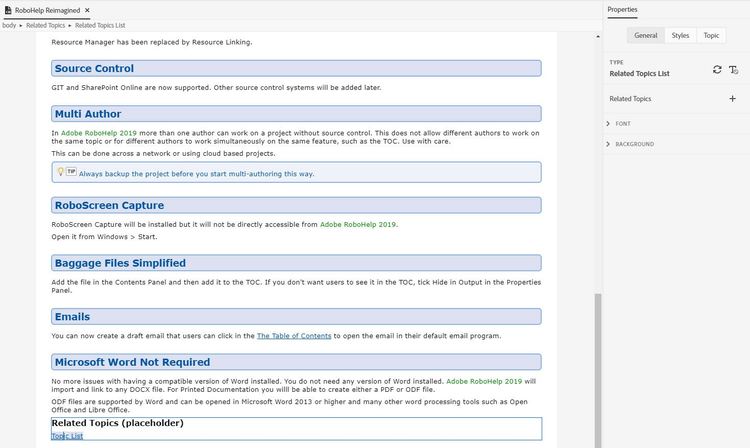 Screenshot of Adobe RoboHelp (2019 release) – Update 4 – Insert Related Topics – Properties Panel