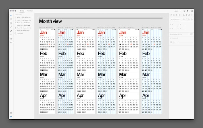 A screenshot of the use of Neue Haas Grotesk typeface in the month view Adobe XD artboard for the Minimal Calendar App.