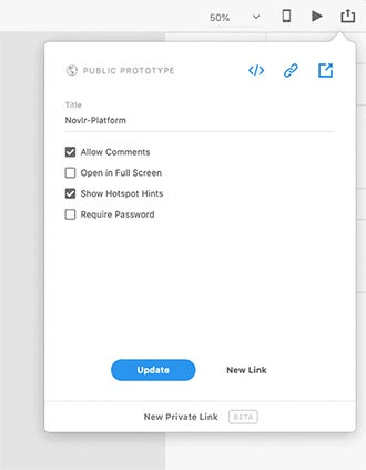 A GIF illustrating the collaboration options when making a prototype public including the ability to open in full screen.