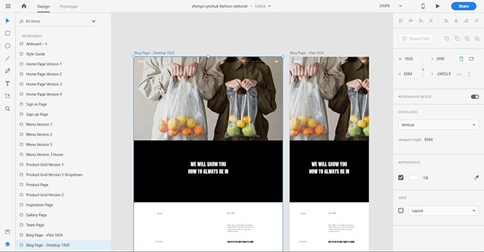 A Screenshot of the responsive resize feature in Adobe XD demonstrating version creation for different device types.