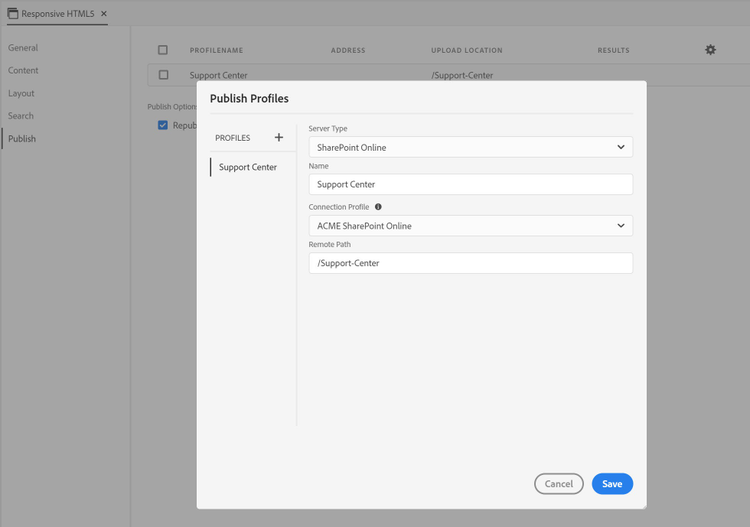 Screenshot of RoboHelp 2019 - Update 5 - Publish Profiles - SharePoint Online