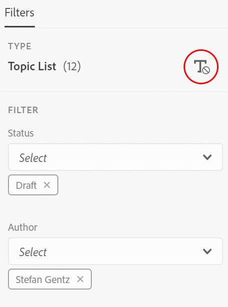 Screenshot of Adobe RoboHelp (2019 release) – Update 5 – Topic List  – Reset Filters button