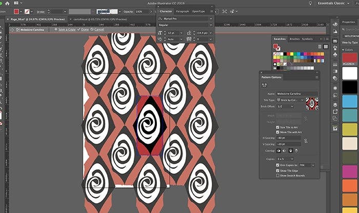 A screenshot of a Moleskine-created sketch leveraging the swatches panel in Adobe Illustrator to adjust the stacking order of the pattern.