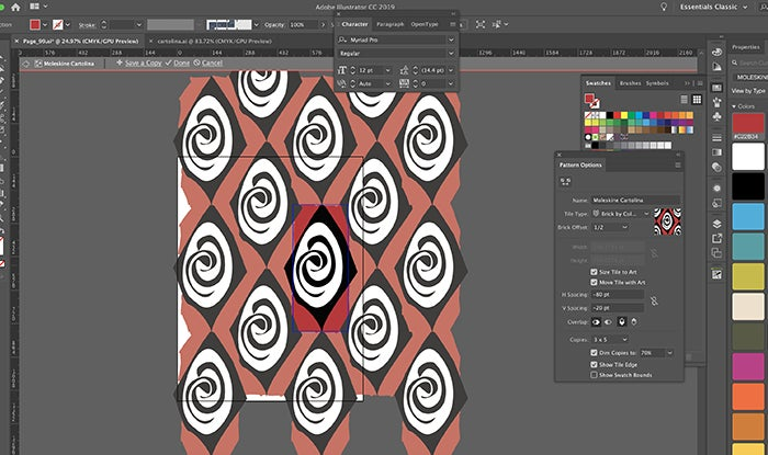 A screenshot of a Moleskine-created sketch leveraging the swatches panel in Adobe Illustrator to adjust the stacking order of the pattern.