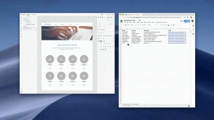 A GIF demonstrating how the google sheets plugin for Adobe XD is used to import custom data into design mockups.