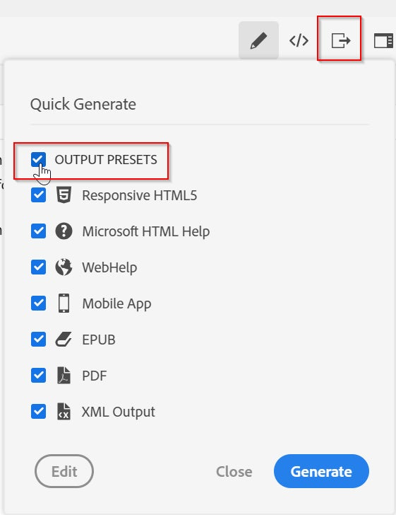 Screenshot of Adobe RoboHelp 2019 – Update 6 – Quick-Generate – Output Presets