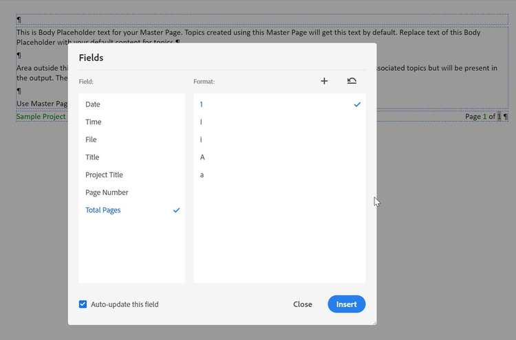 Screenshot of Adobe RoboHelp (2019 release) – Update 6 – Fields – Page Numbering – Total Pages