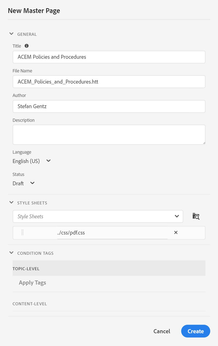 Screenshot of Adobe RoboHelp (2019 release) – Update 6 – New Master Page