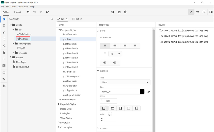 Screenshot of Adobe RoboHelp (2019 release) – Update 6 – PDF-specific CSS/Styles