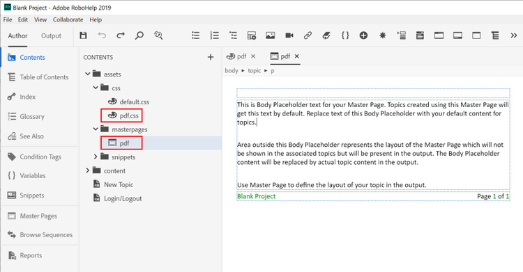 Screenhsot of Adobe RoboHelp (2019 release) – Update 6 – PDF Master Page and PDF CSS