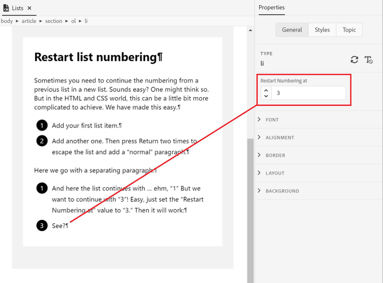 Screenshot of Adobe RoboHelp (2019 release) – Update 6 – Style Sheets – List – Restart Numbering