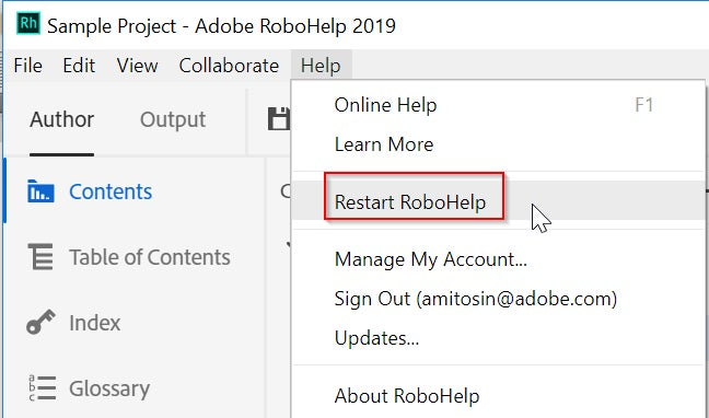 Screenshot of Adobe RoboHelp 2019 – Update 6 – Restart RoboHelp