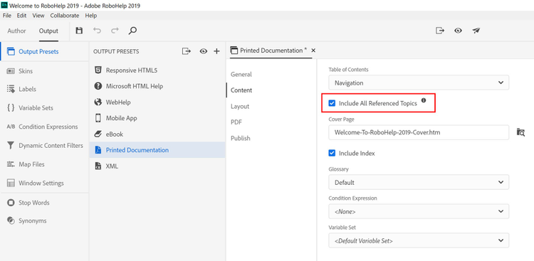 Screenshot of Adobe RoboHelp (2019 release) – Update 6 – PDF Publishing – Include All Referenced Topics