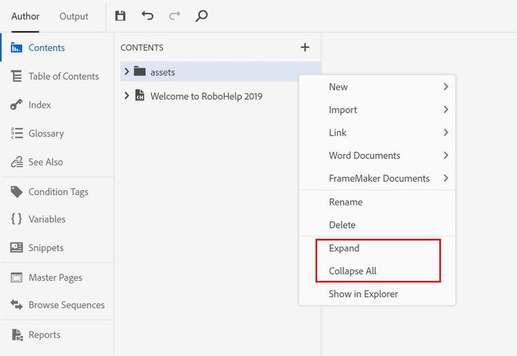 Screenshot of Adobe RoboHelp (2019 release) – Update 6 – Expand/Collapse All context menu in Contents Panel