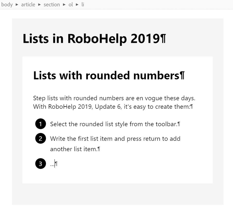 Screenshot of Adobe RoboHelp (2019 release) – Update 6 – Lists with rounded numbers