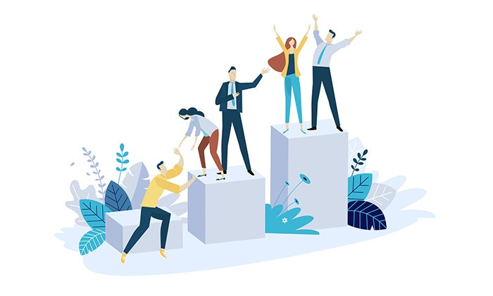 Illustration of people standing on steps.