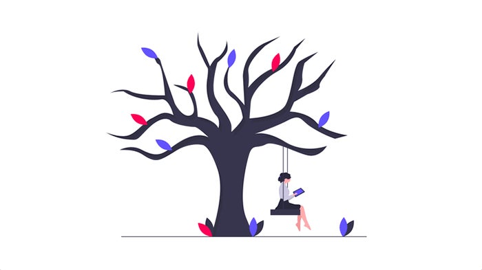 An example of what is possible to create with UnDraw vectors and Adobe XD's Auto-Animate. An animated character swings on a tree swing. Leaves as well as portions of the character are animated.