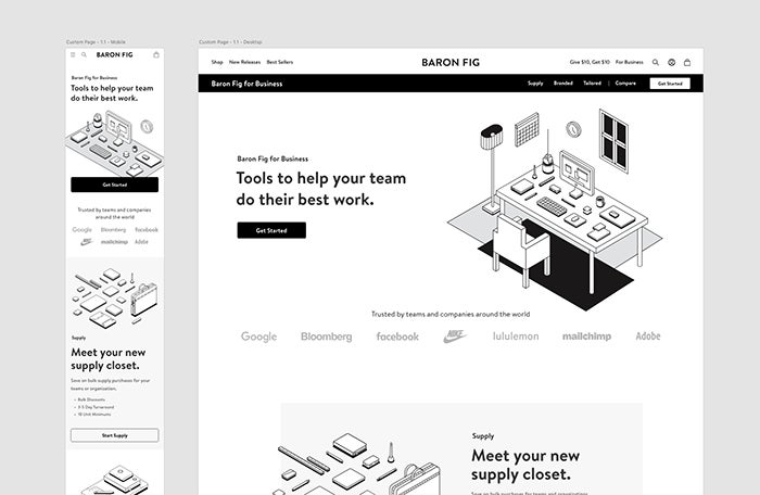 The mobile and desktop versions of the new Baron Fig for Business page.