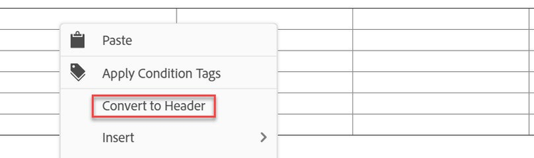 Screenshot of Adobe RoboHelp 2019 – Table → Convert row to header row