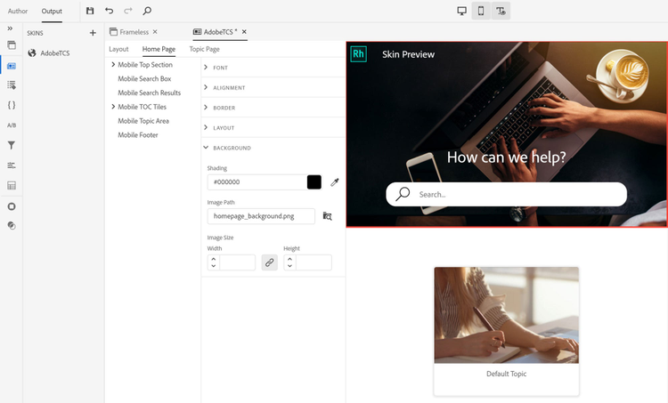 Screenshot of the Skin Editor for the new Frameless Layout in Adobe RoboHelp (2019 release), Update 8