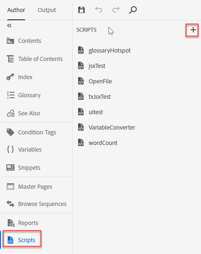 Screenshot of Adobe RoboHelp 2019 – Update 8: Author → Scripts → Add a Script