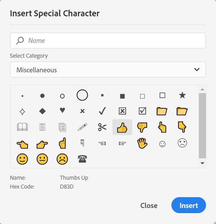 Screenshot of the Insert Special Characters dialog in RoboHelp (2019 release), Update 8