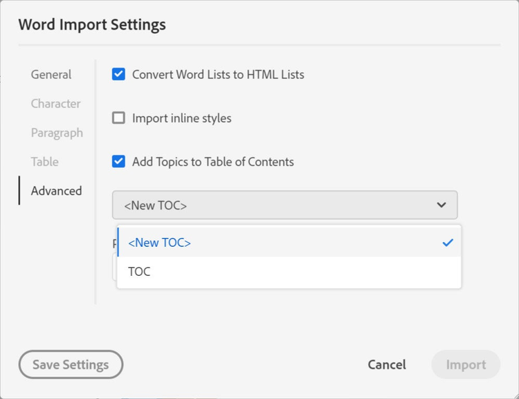 Screenshot of Adobe RoboHelp (2019 release) – Update 8: Microsoft Word Import Settings (Advanced → Add Topics to Table of Contents)