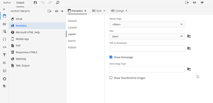 Screenshot of Adobe RoboHelp 2019 – Frameless output settings