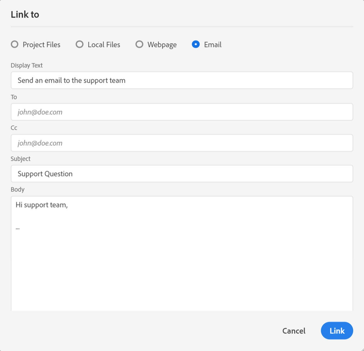 Sreenshot of Adobe RoboHelp (2019 release) – Create an email link