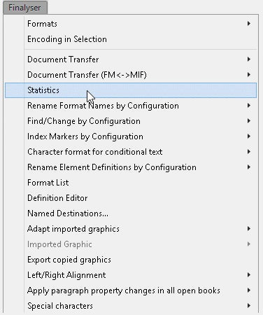 Screenshot of SQUIDDS FINALYSER for Adobe FrameMaker – Document Functions