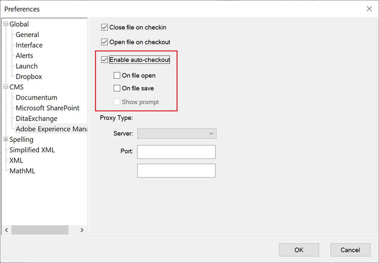 Screenshot of Adobe FrameMaker (2019 release) – Update 4 – Preferences for Adobe Experience Manager with new "Enable auto-checkout" options