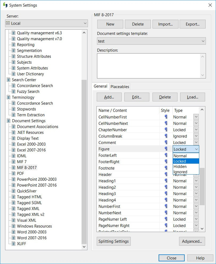 Screenshot of Across Language Server – System Settings – Adobe FrameMaker MIF-Filter Settings