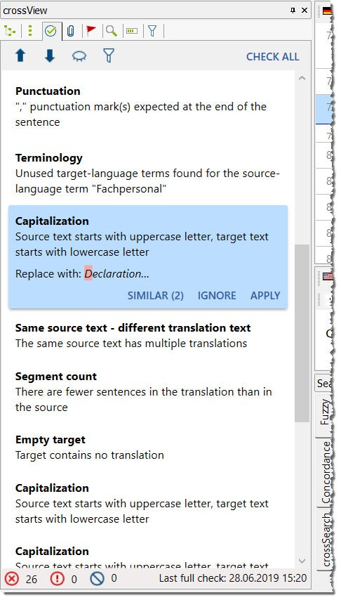 Screenshot of the Across Language Server – crossView – The QM module in the crossDesk translation environment