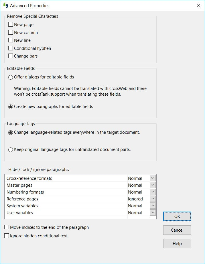 Screenshot of Across Language Server – System Settings – Adobe FrameMaker MIF-Filter Settings – Advanced Properties