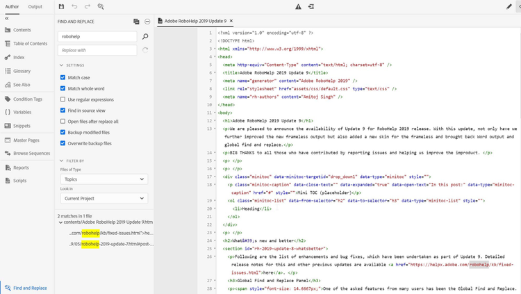 Screenshot of Adobe RoboHelp (2019 release) – Update 9 – Find and Replace