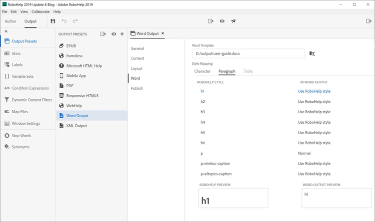 Screenshot of Adobe RoboHelp (2019 release) – Update 9 – Microsoft Word DOCX Output