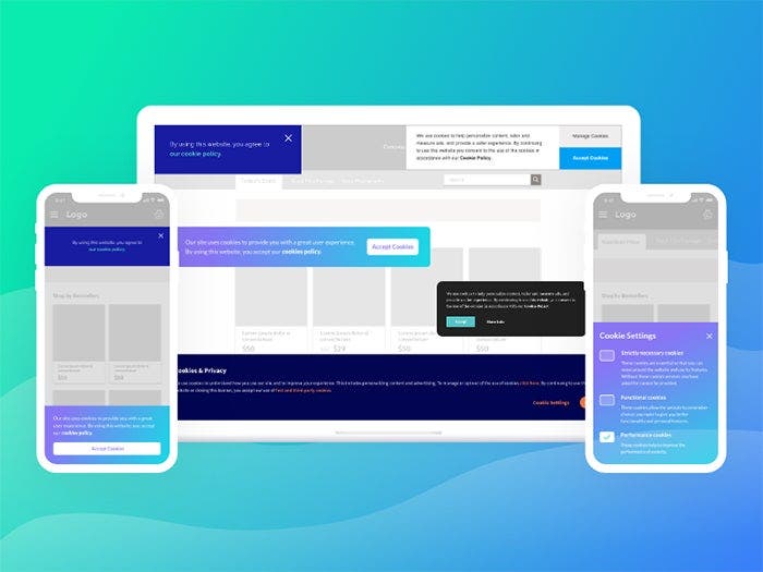 A rendering of a design workflow for incorporating cookie banners and modals into desktop and mobile interfaces.