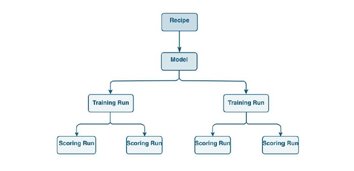 Hierarchical relationship between Recipes, Models, Training Runs, and Scoring Runs.