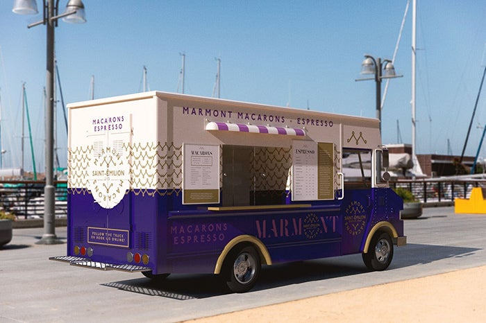 Side by side comparison of Marmont Macrons 3d packaging design and a branded food truck composited with a real photo.