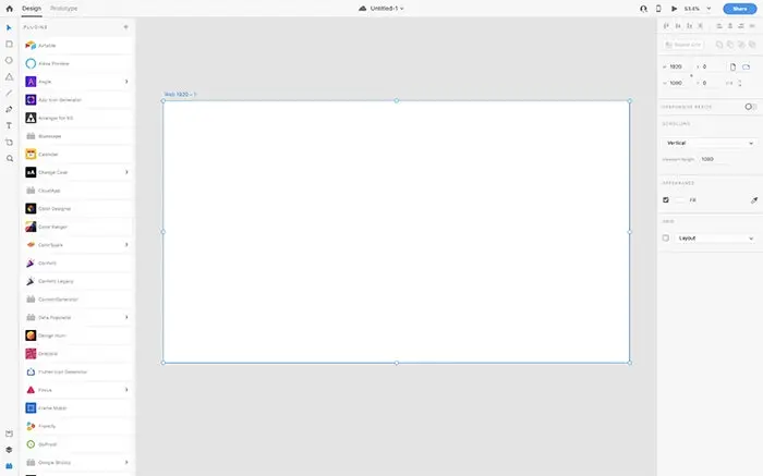A screenshot of a blank canvas in Adobe XD.
