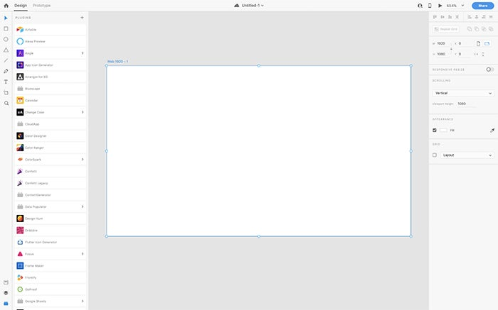 A screenshot of a blank canvas in Adobe XD.
