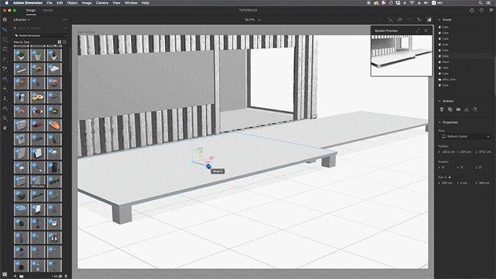 A gif showcasing Anna's process for assembling the 3D bistro's exterior shapes and assets in Dimension.