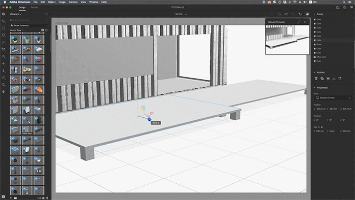 A gif showcasing Anna's process for assembling the 3D bistro's exterior shapes and assets in Dimension.
