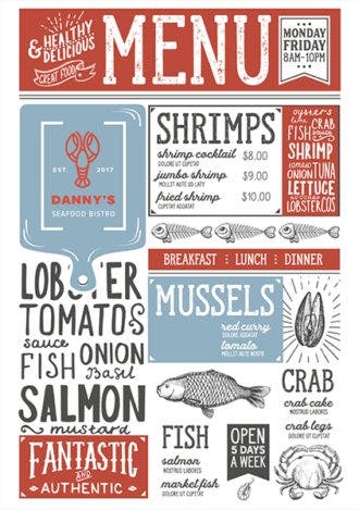 Anna Natter’s fictional Danny’s Seafood menu, created in Illustrator before being used in her 3D designs in Dimension.