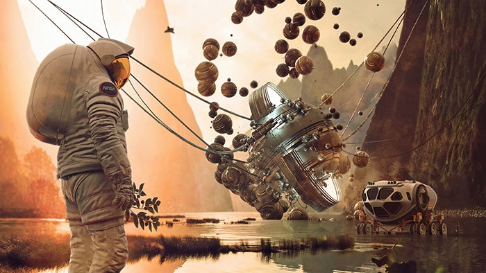 Anna Natter's submission to the Apollo 50th Anniversary challenge on Artstation. An astronaut looks out into an alien planet with a spacecraft and rover in the foreground.